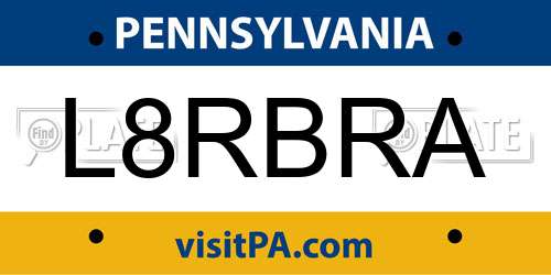 L8RBRA Pennsylvania License Plate