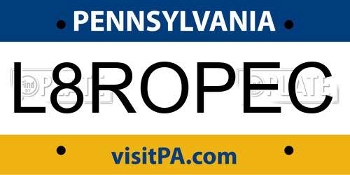 L8ROPEC Pennsylvania License Plate