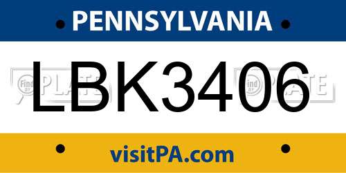 LBK3406 Pennsylvania License Plate