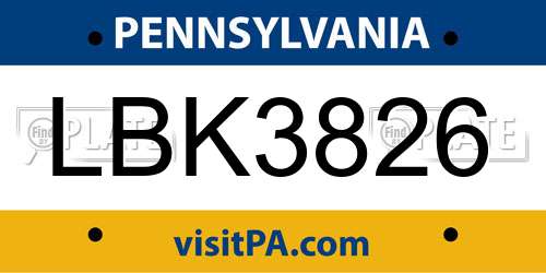 LBK3826 Pennsylvania License Plate
