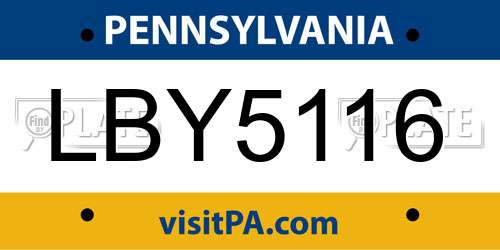 LBY5116 Pennsylvania License Plate