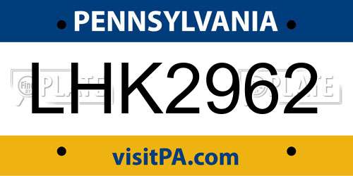 LHK2962 Pennsylvania License Plate