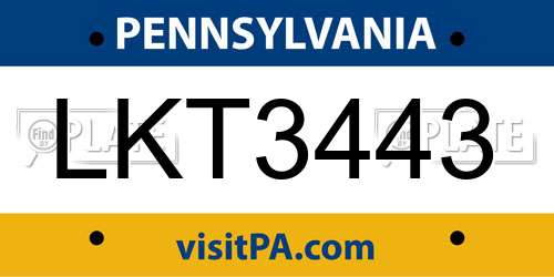 LKT3443 Pennsylvania License Plate