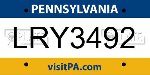 LRY3492 Pennsylvania License Plate