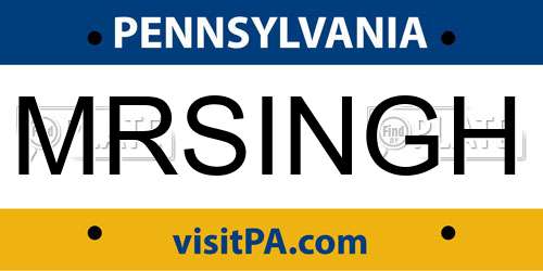 MRSINGH Pennsylvania License Plate