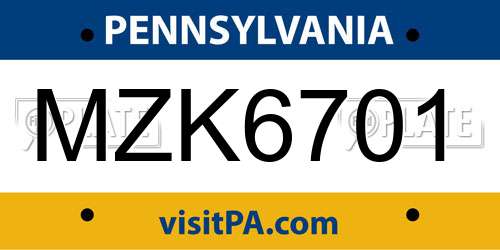 MZK6701 Pennsylvania License Plate