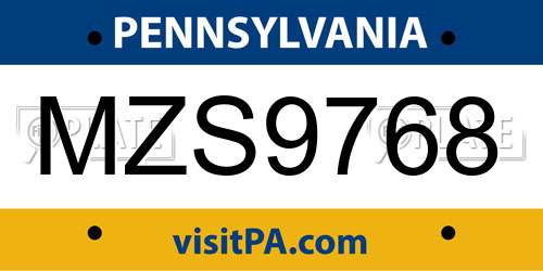 MZS9768 Pennsylvania License Plate