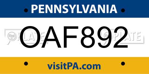 OAF892 Pennsylvania License Plate