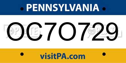 OC7O729 Pennsylvania License Plate