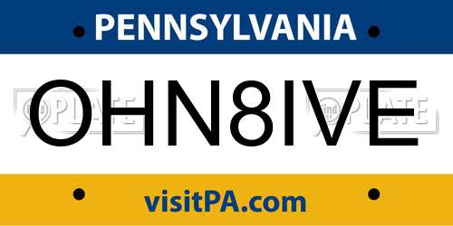 OHN8IVE Pennsylvania License Plate