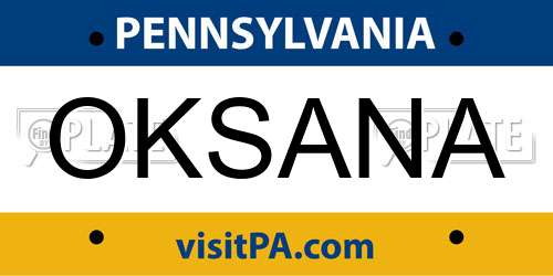 OKSANA Pennsylvania License Plate