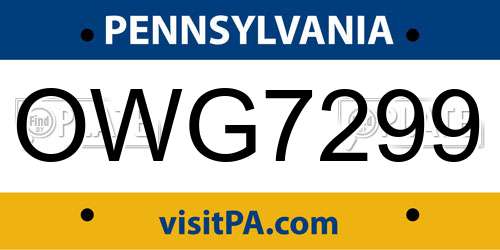 OWG7299 Pennsylvania License Plate