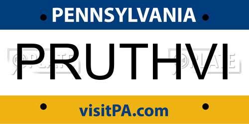 PRUTHVI Pennsylvania License Plate