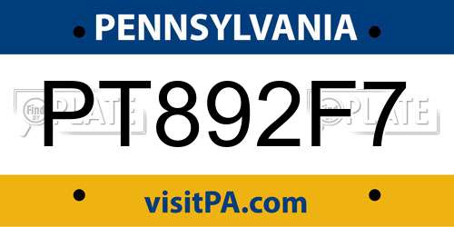 PT892F7 Pennsylvania License Plate