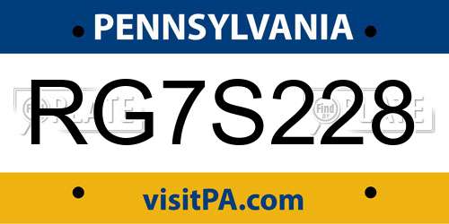 RG7S228 Pennsylvania License Plate