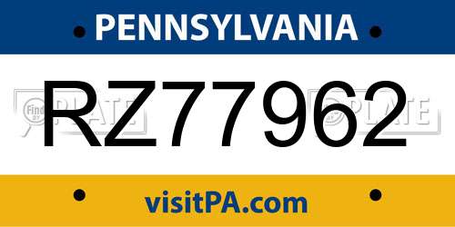 RZ77962 Pennsylvania License Plate