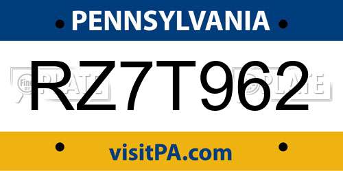RZ7T962 Pennsylvania License Plate