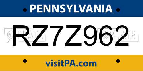 RZ7Z962 Pennsylvania License Plate
