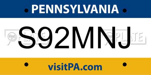 S92MNJ Pennsylvania License Plate