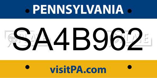 SA4B962 Pennsylvania License Plate
