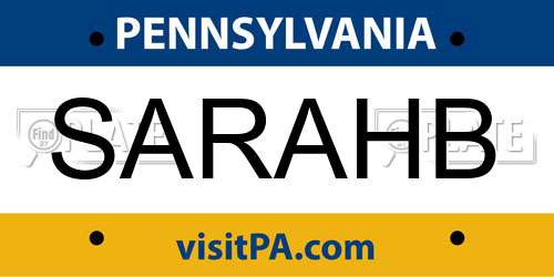 SARAHB Pennsylvania License Plate