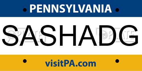 SASHADG Pennsylvania License Plate