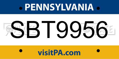 SBT9956 Pennsylvania License Plate