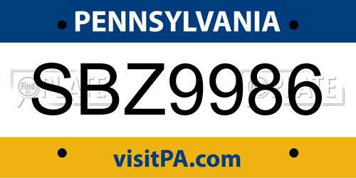 SBZ9986 Pennsylvania License Plate