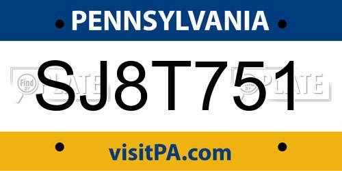 SJ8T751 Pennsylvania License Plate