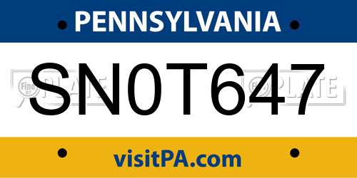 SN0T647 Pennsylvania License Plate