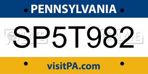 SP5T982 Pennsylvania License Plate