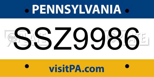 SSZ9986 Pennsylvania License Plate