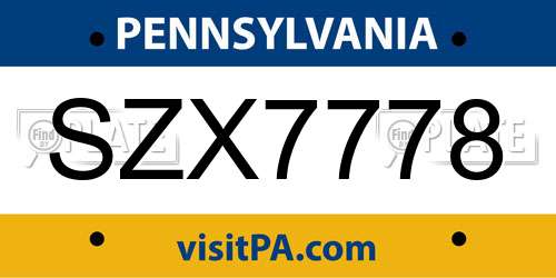 SZX7778 Pennsylvania License Plate