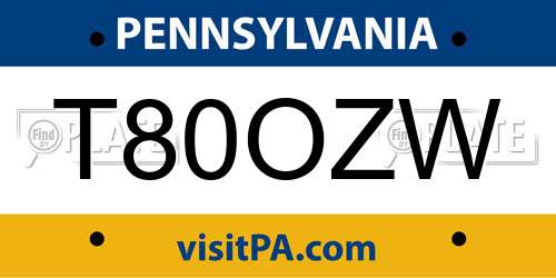 T80OZW Pennsylvania License Plate