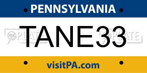 TANE33 Pennsylvania License Plate