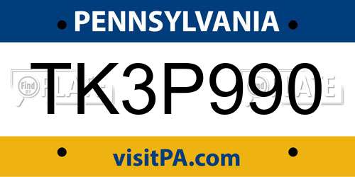 TK3P990 Pennsylvania License Plate