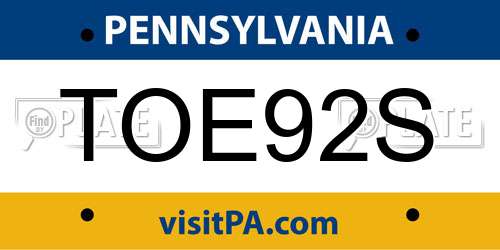 TOE92S Pennsylvania License Plate