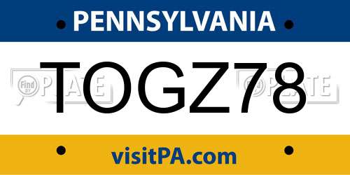 TOGZ78 Pennsylvania License Plate