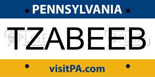 TZABEEB Pennsylvania License Plate