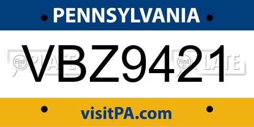 VBZ9421 Pennsylvania License Plate