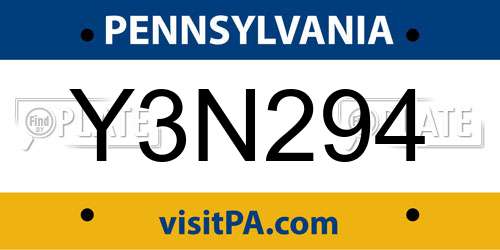 Y3N294 Pennsylvania License Plate
