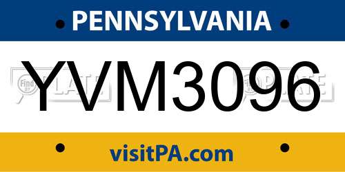 YVM3096 Pennsylvania License Plate
