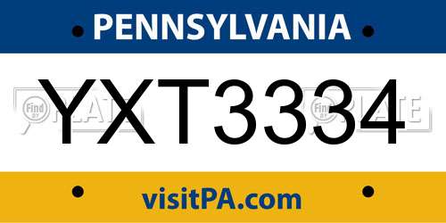 YXT3334 Pennsylvania License Plate