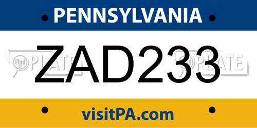ZAD233 Pennsylvania License Plate