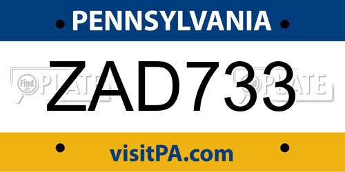 ZAD733 Pennsylvania License Plate