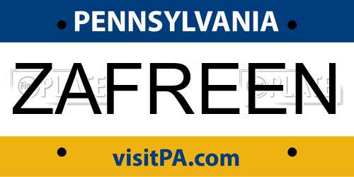 ZAFREEN Pennsylvania License Plate