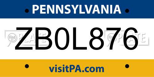 ZB0L876 Pennsylvania License Plate