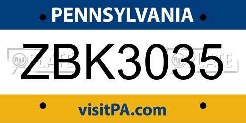ZBK3035 Pennsylvania License Plate