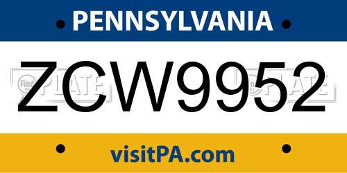 ZCW9952 Pennsylvania License Plate