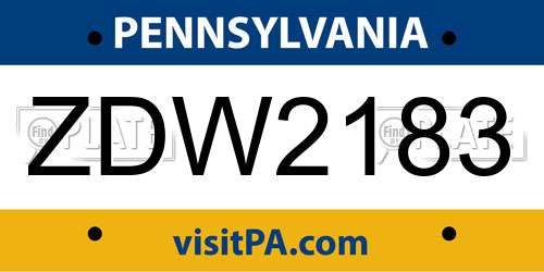 ZDW2183 Pennsylvania License Plate
